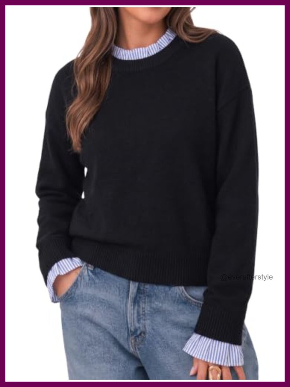 Ruffle Crew Neck Patchwork Knit Pullover Sweater Long Sleeve